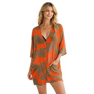 Poema Orange Green Abstract Swim Cover Up Button Front Tunic Pockets Size Small